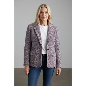Chicos Notch Collar Tweed Knit Blazer Jacket Sweater Pink Blue White Large 2